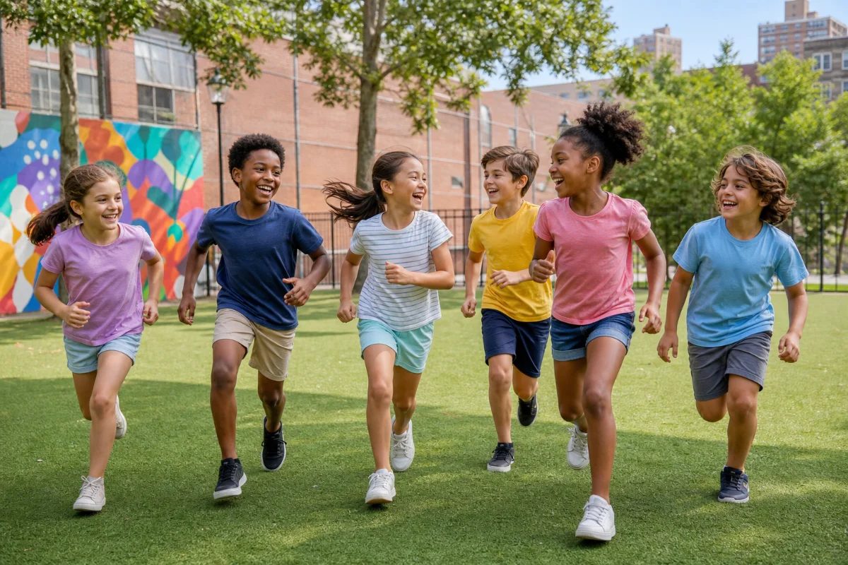 Children running and laughing together at Camp PEACE summer camp