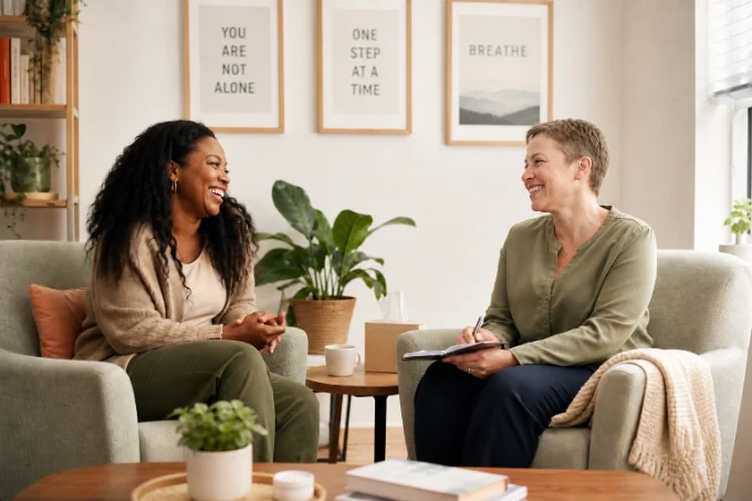 Two friends laughing together