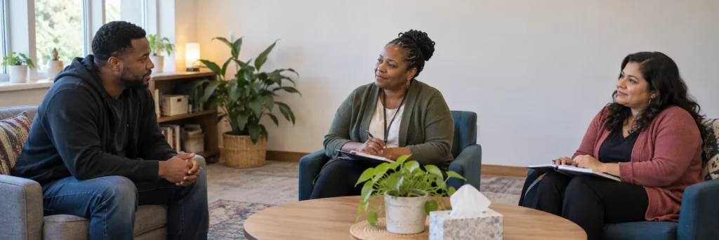 Two advocates listening to a man in a calm counseling room