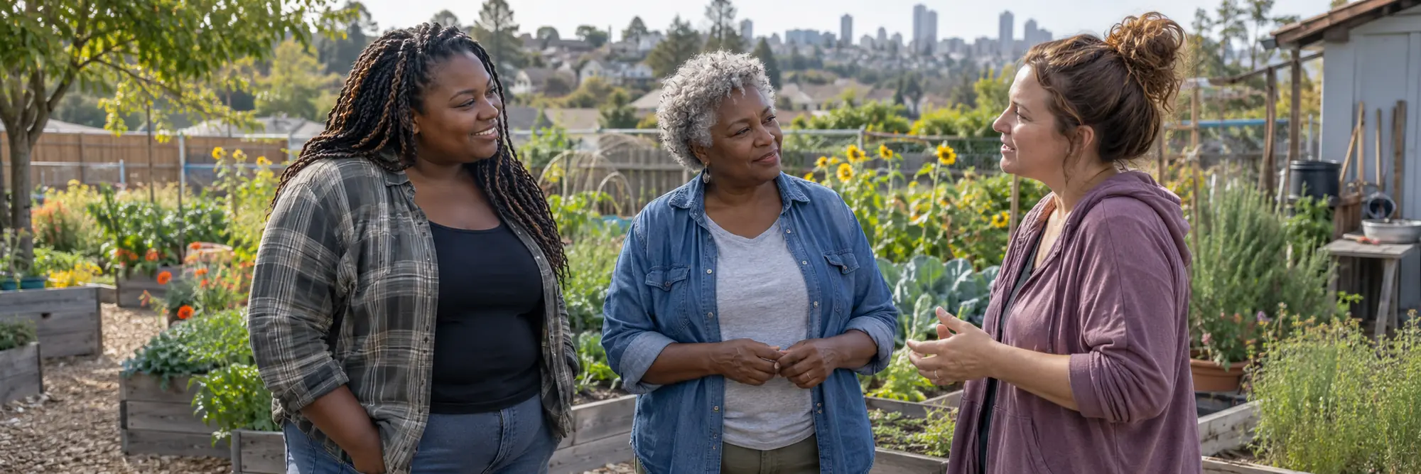 Three women talking in a community garden with the city skyline behind them