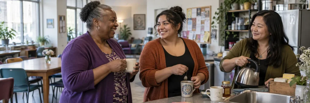 Three women making tea together in a community kitchen