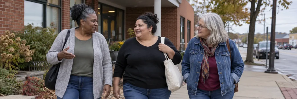 Three women talking as they walk along a sidewalk outside a brick community building in autumn