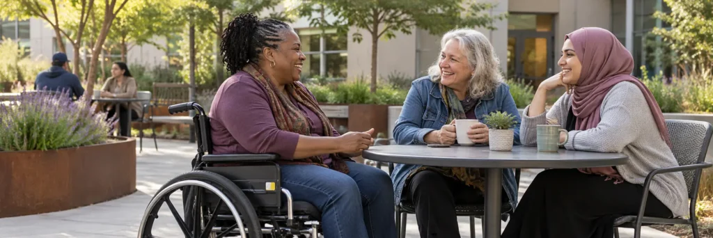 Three women laughing over coffee at an outdoor table, one using a wheelchair and one wearing a hijab