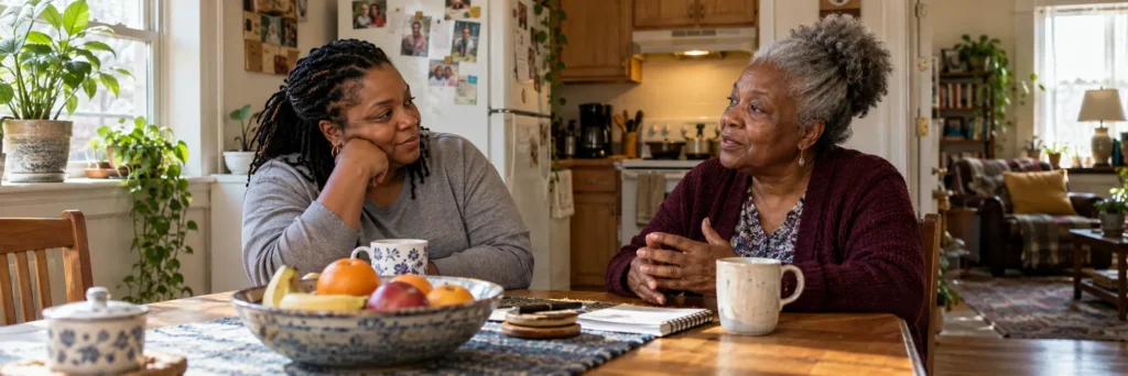 Two women talking over coffee at a kitchen table at home