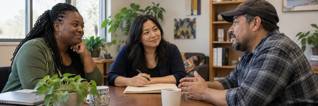 Two advocates meeting with a man at a table, one of them taking notes