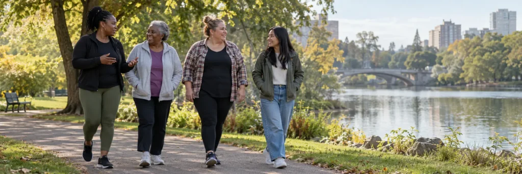 Four women of different ages walking together on a riverside path