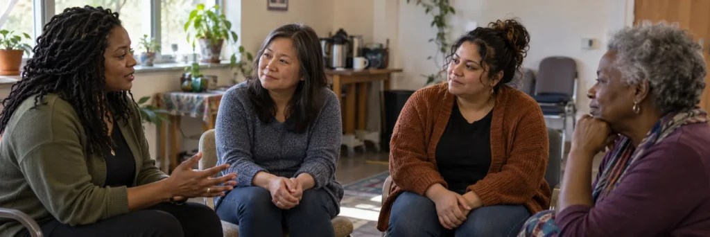 Four women of different ages sitting in a circle during a support group